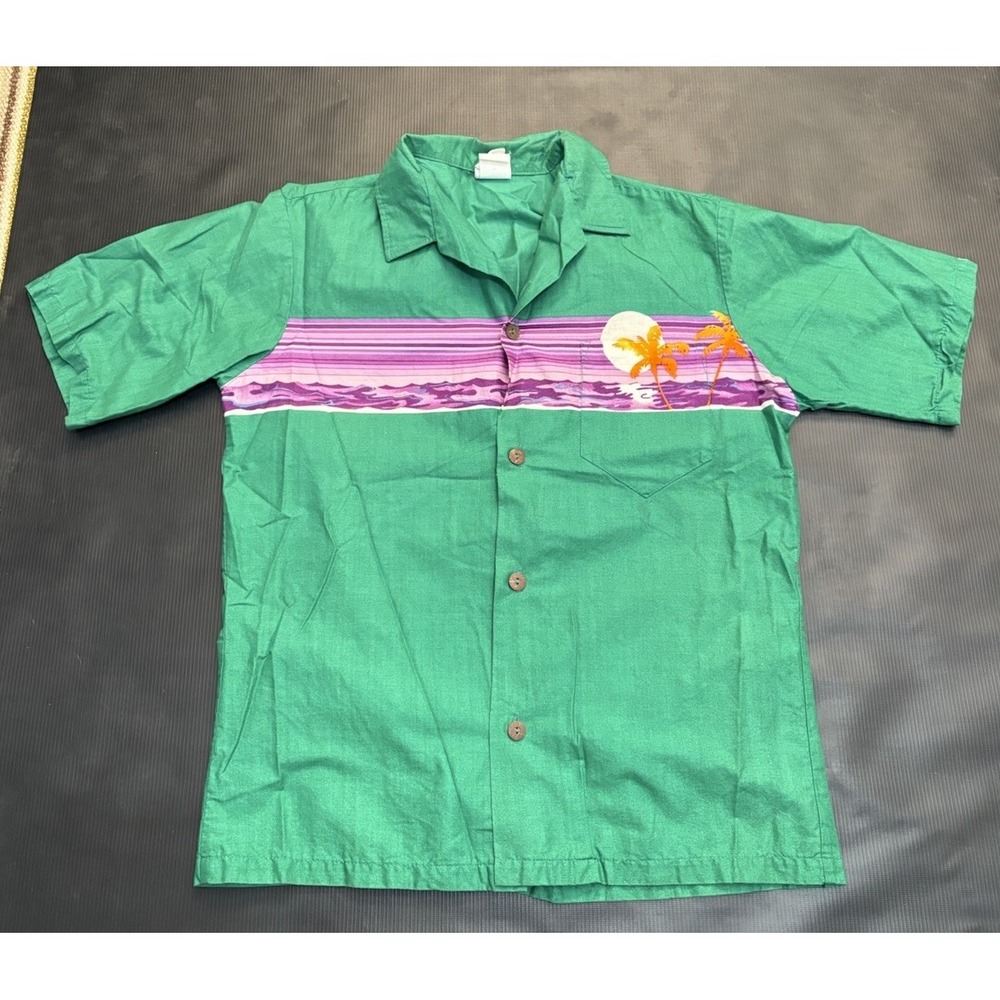 Vintage Mens Med Button Up Down Hawaiian Shirt 80s 90s Surf Waves Sunset Palm